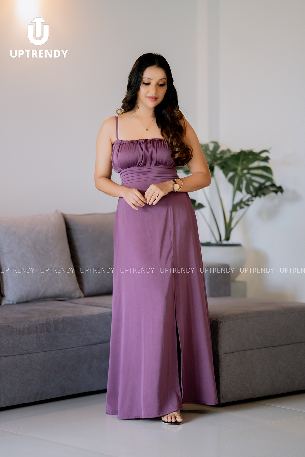 The Spaghetti Strap Ruched-Bust Front-Slit Maxi Dress