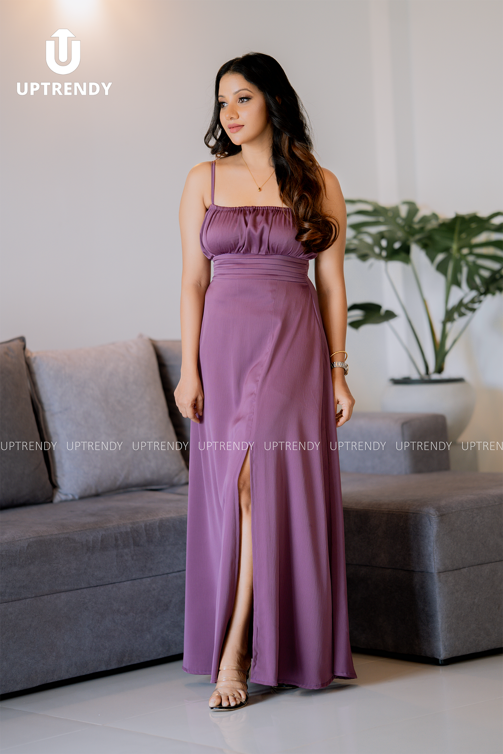 The Spaghetti Strap Ruched-Bust Front-Slit Maxi Dress