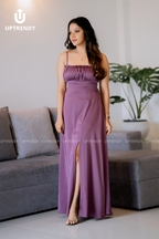The Spaghetti Strap Ruched-Bust Front-Slit Maxi Dress