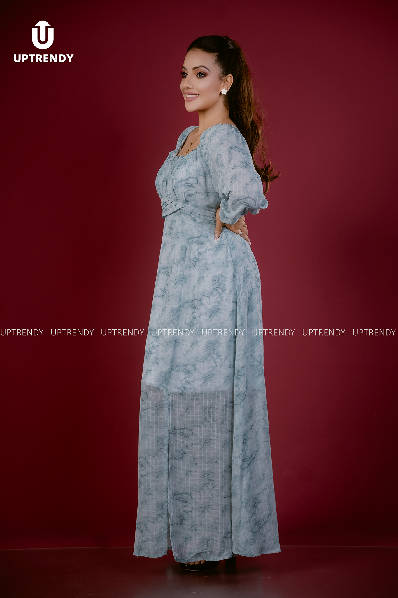 TEXTURED LONG-SLEEVE MAXI DRESS