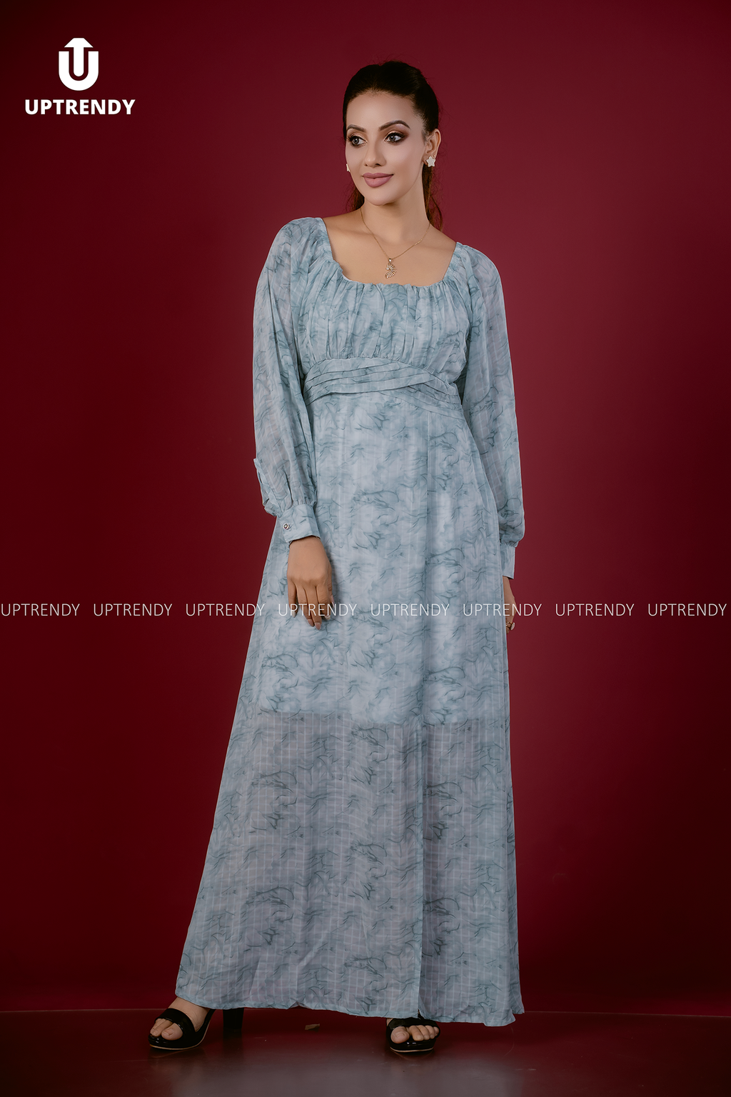 TEXTURED LONG-SLEEVE MAXI DRESS