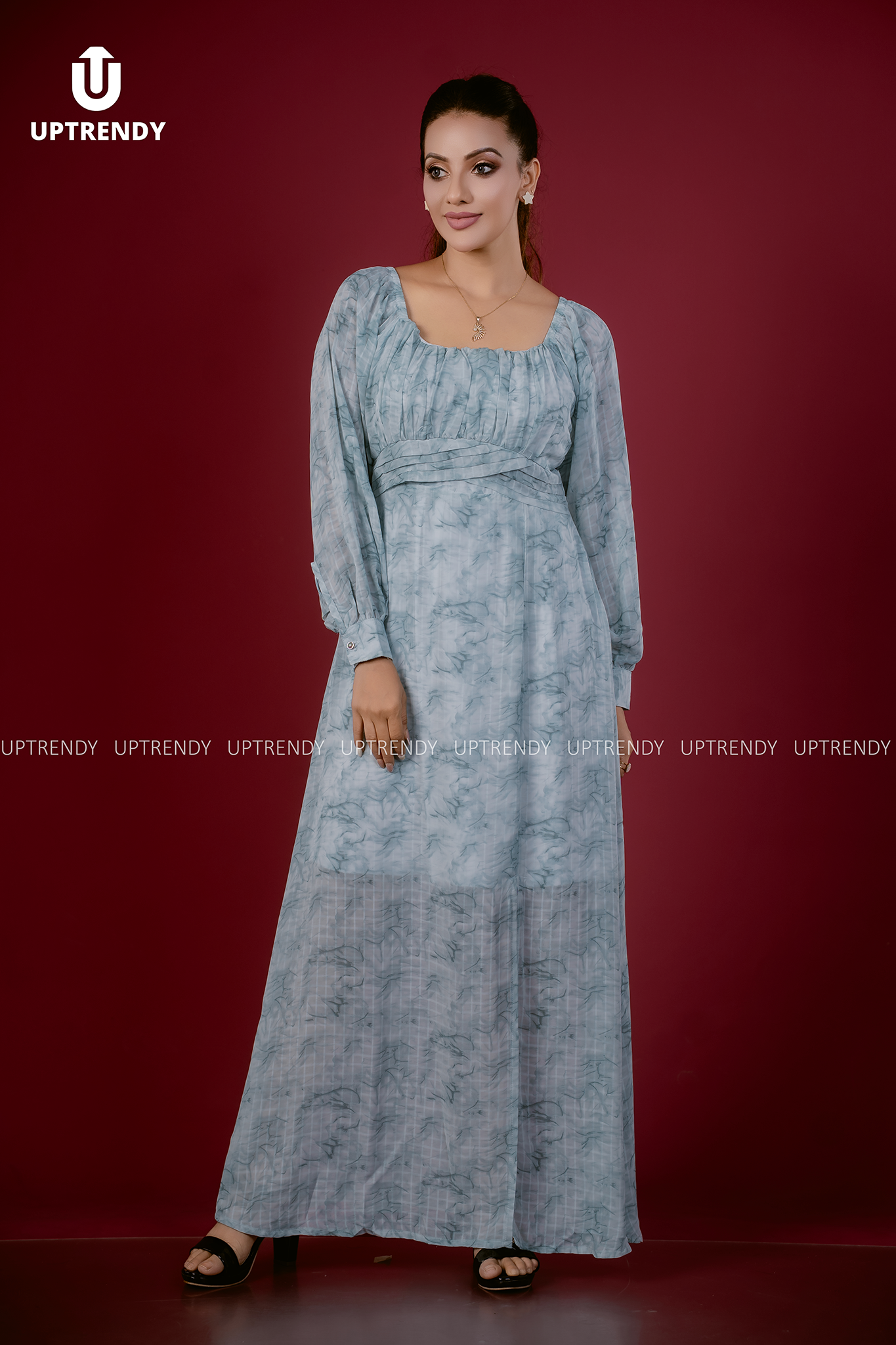 TEXTURED LONG-SLEEVE MAXI DRESS