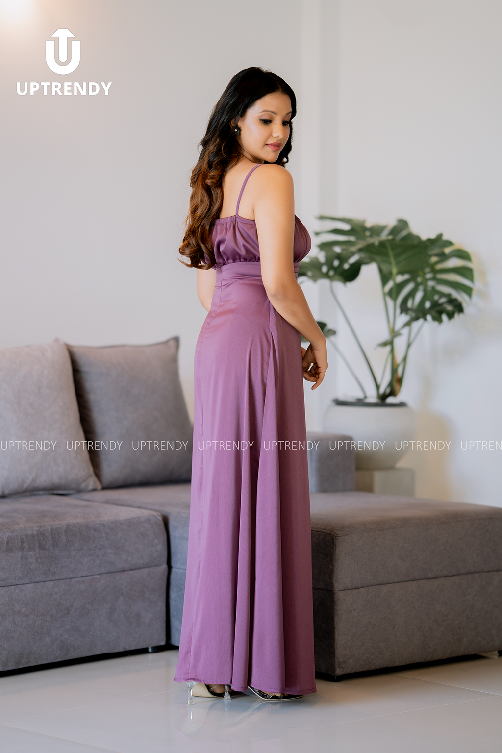 The Spaghetti Strap Ruched-Bust Front-Slit Maxi Dress