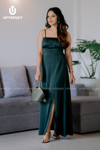 The Spaghetti Strap Ruched-Bust Front-Slit Maxi Dress