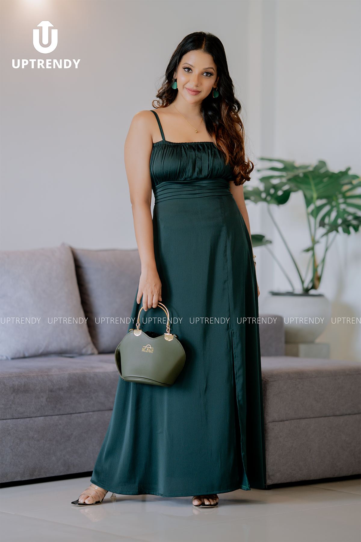 The Spaghetti Strap Ruched-Bust Front-Slit Maxi Dress