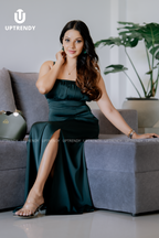 The Spaghetti Strap Ruched-Bust Front-Slit Maxi Dress