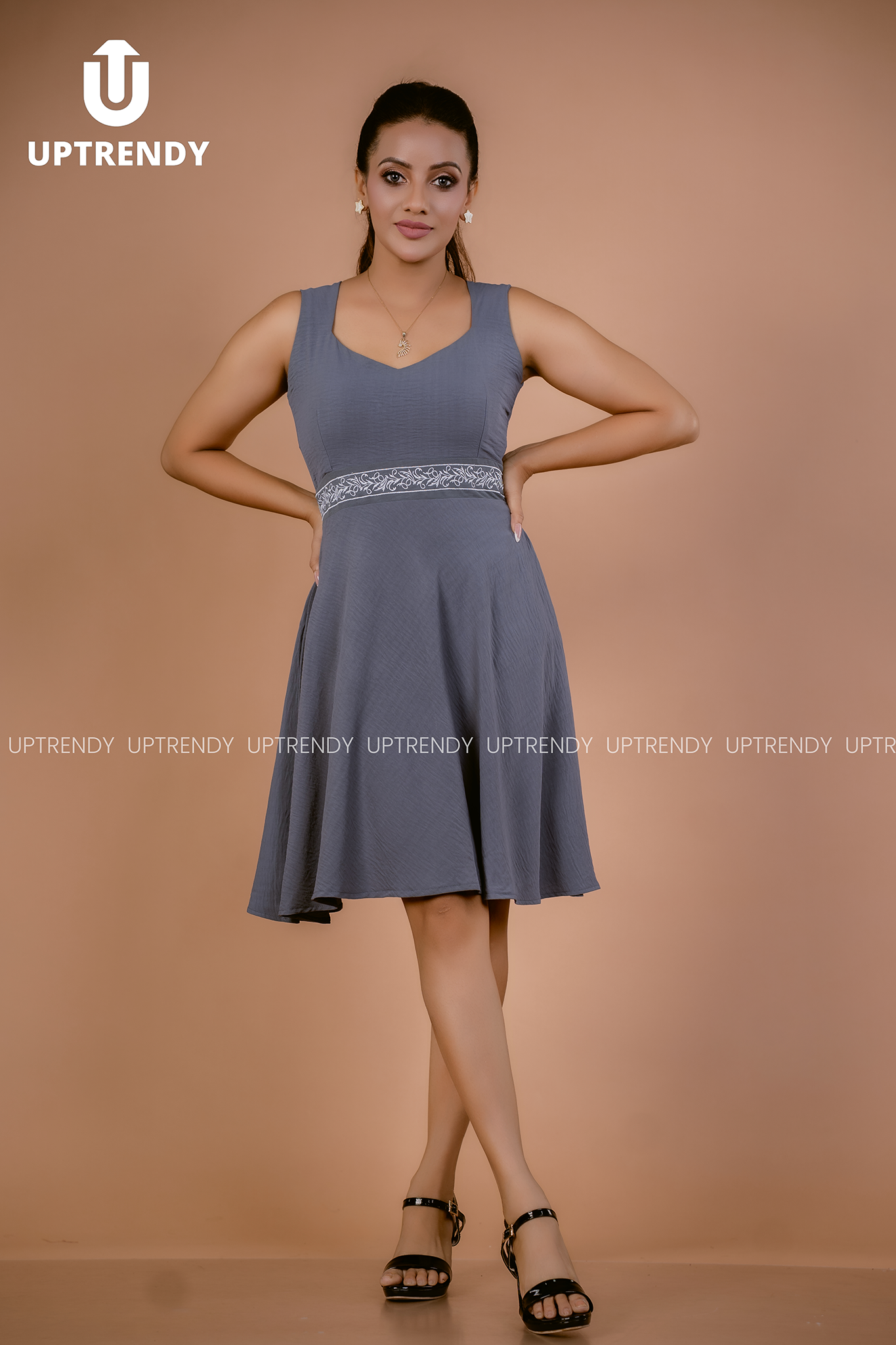 EMBROIDERED WAIST FIT & FLARE DRESS