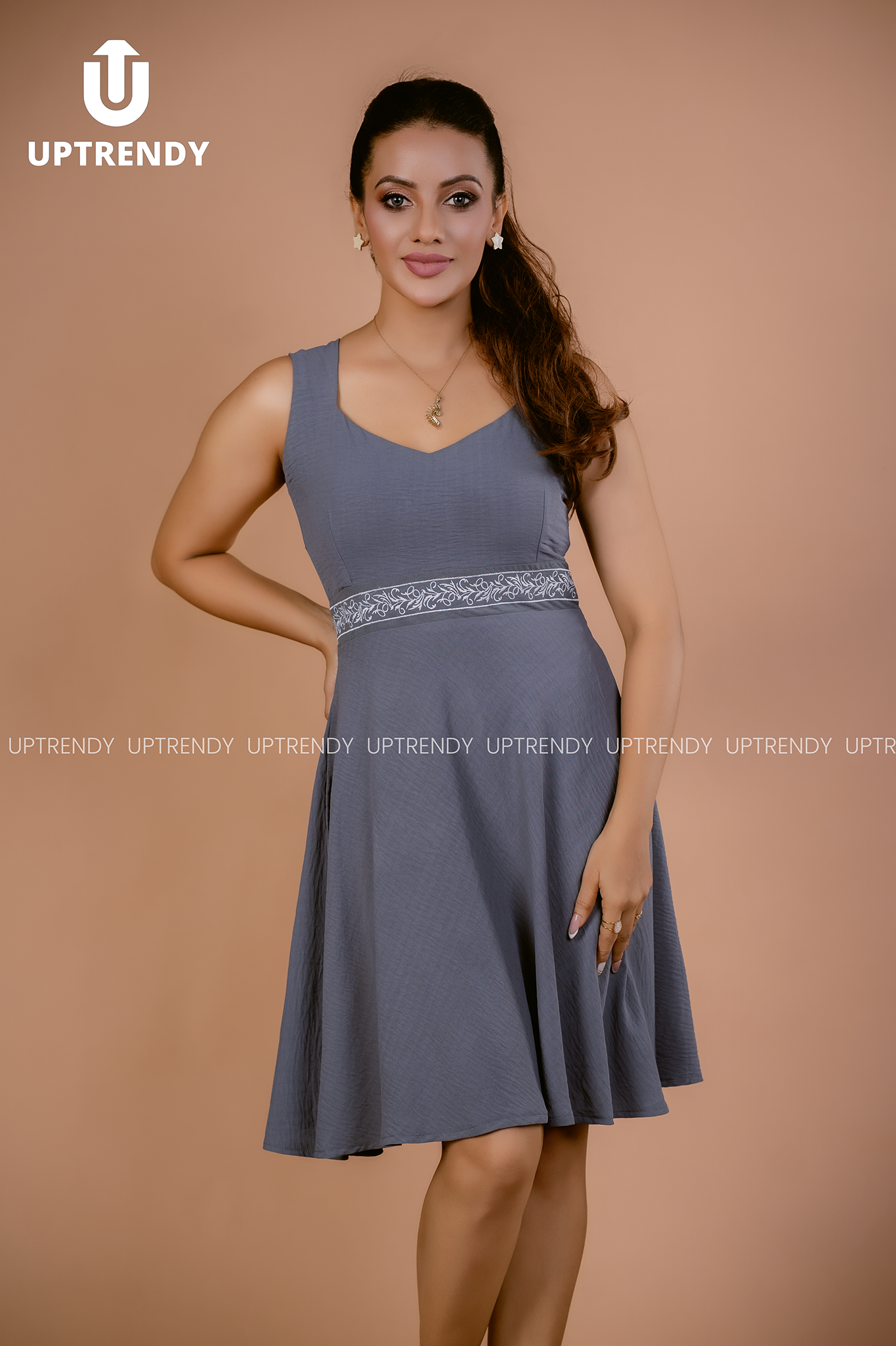 EMBROIDERED WAIST FIT & FLARE DRESS