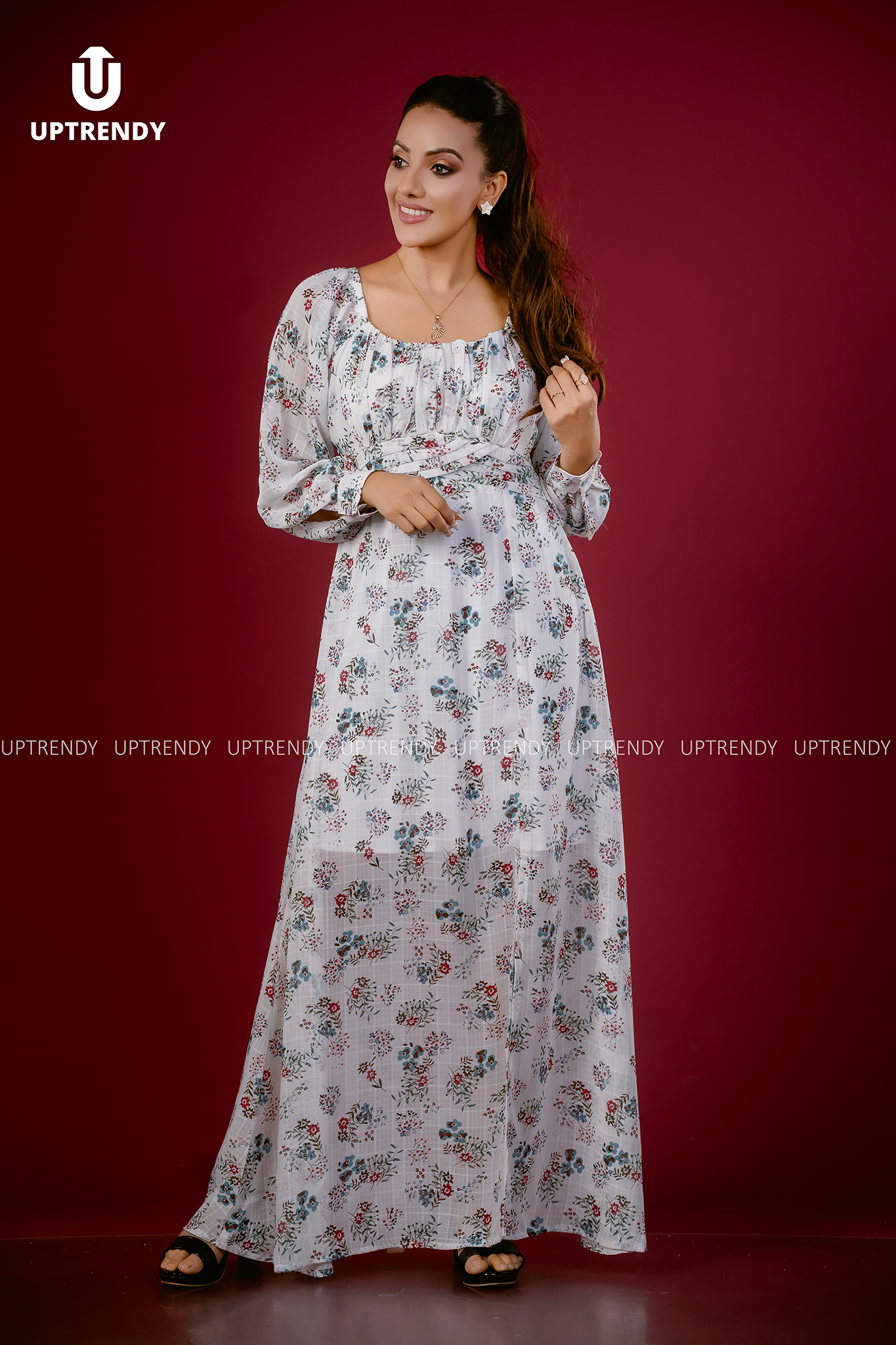 BOTANICAL LONG-SLEEVE MAXI DRESS