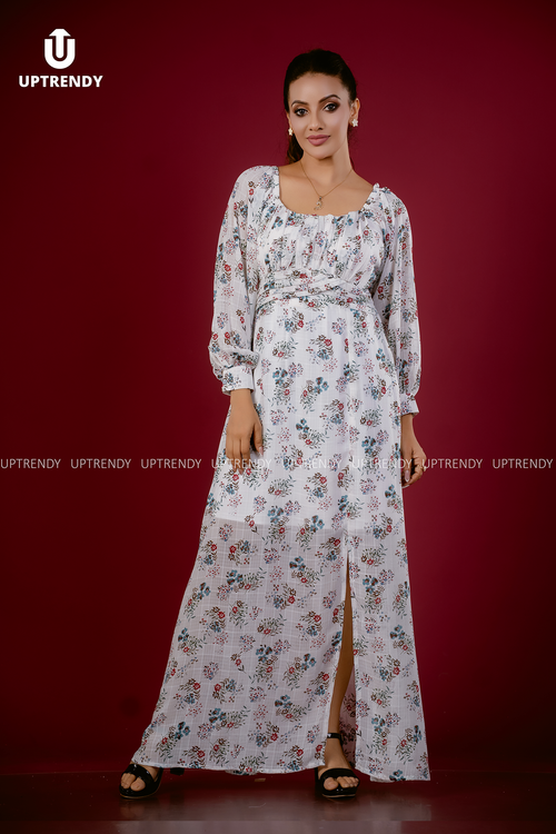BOTANICAL LONG-SLEEVE MAXI DRESS