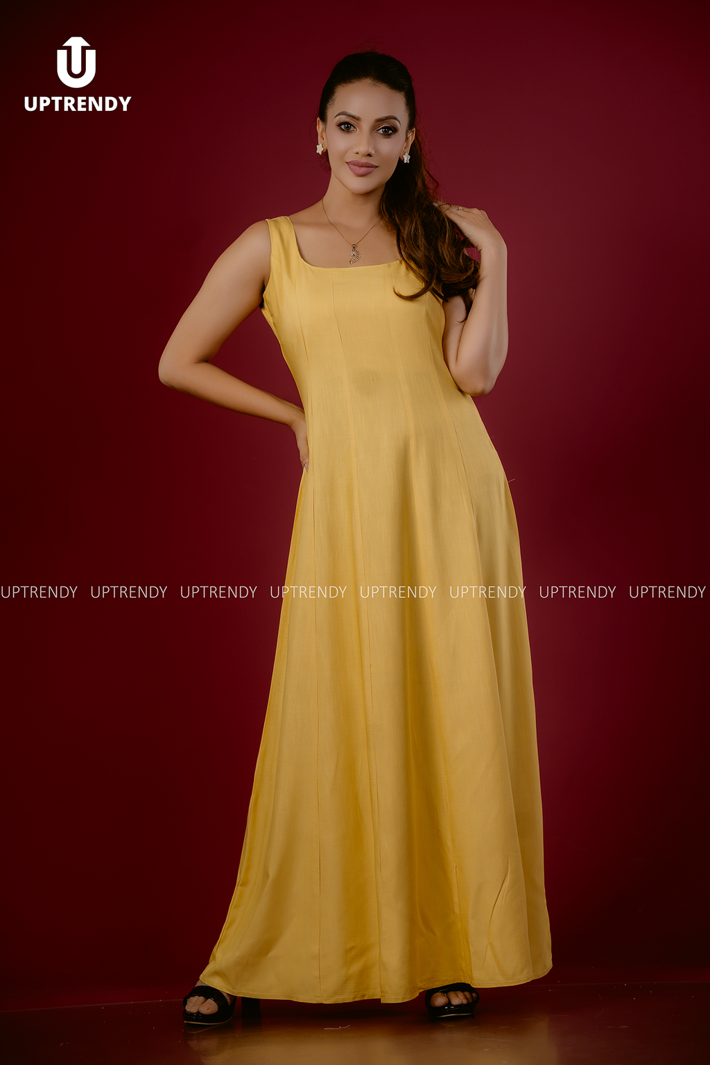 SQUARE-NECK TEXTURED YELLOW MAXI DRESS