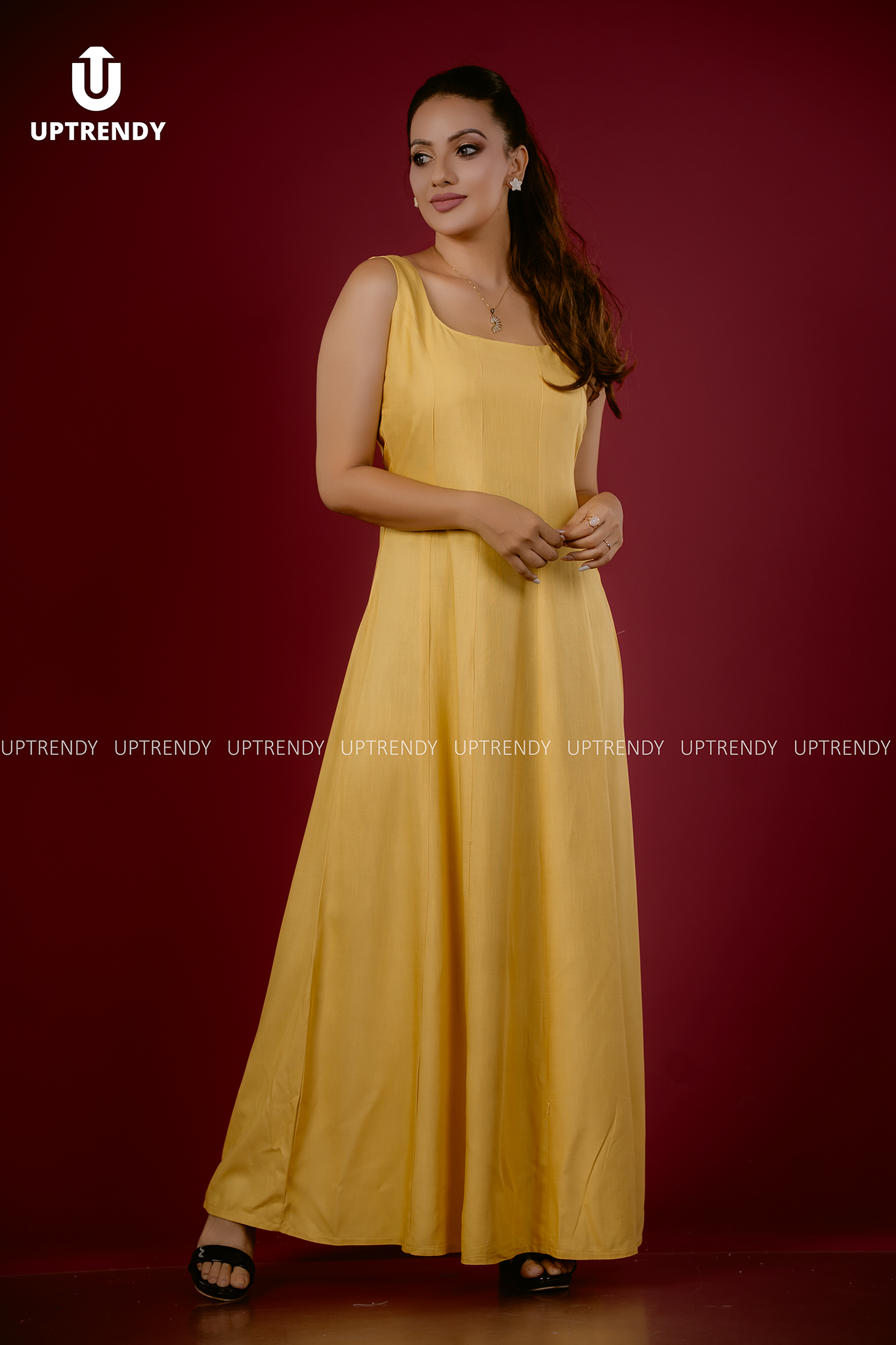 SQUARE-NECK TEXTURED YELLOW MAXI DRESS