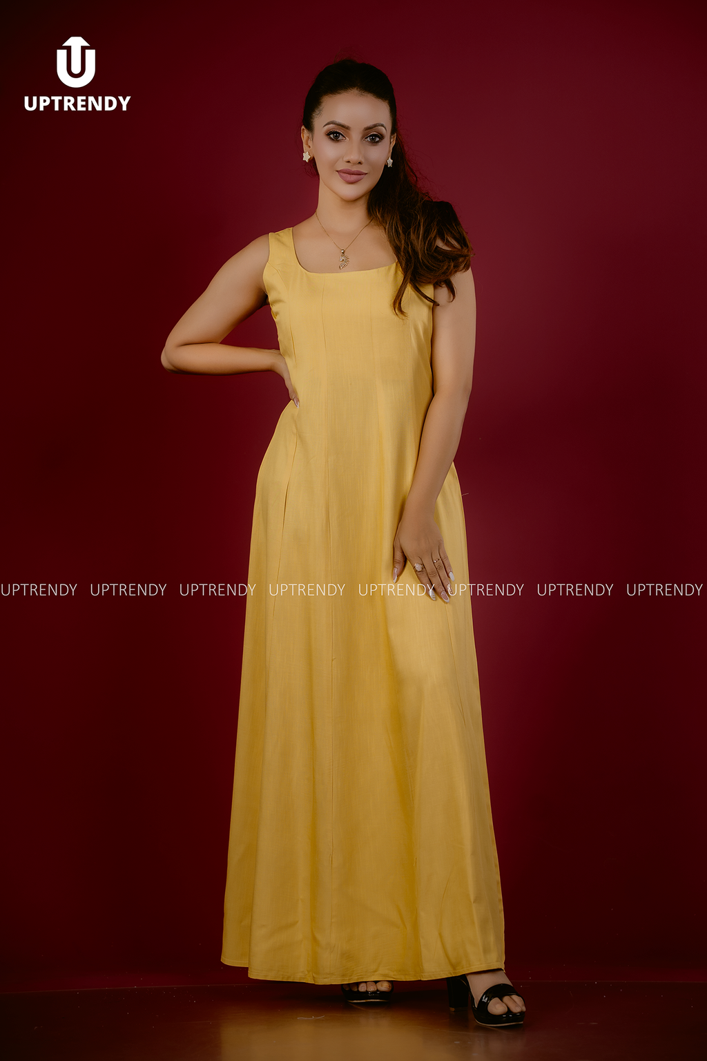 SQUARE-NECK TEXTURED YELLOW MAXI DRESS