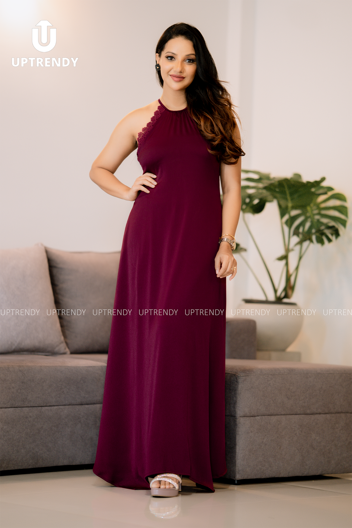 The Lace-Trim Halter Neck Maxi Dress