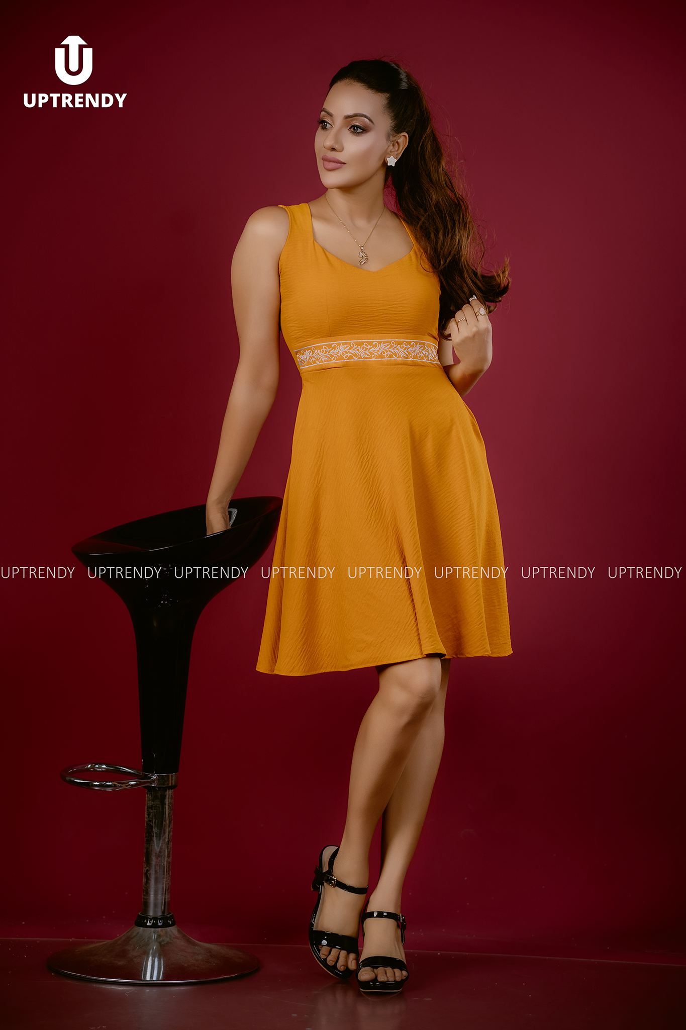 EMBROIDERED WAIST FIT & FLARE DRESS