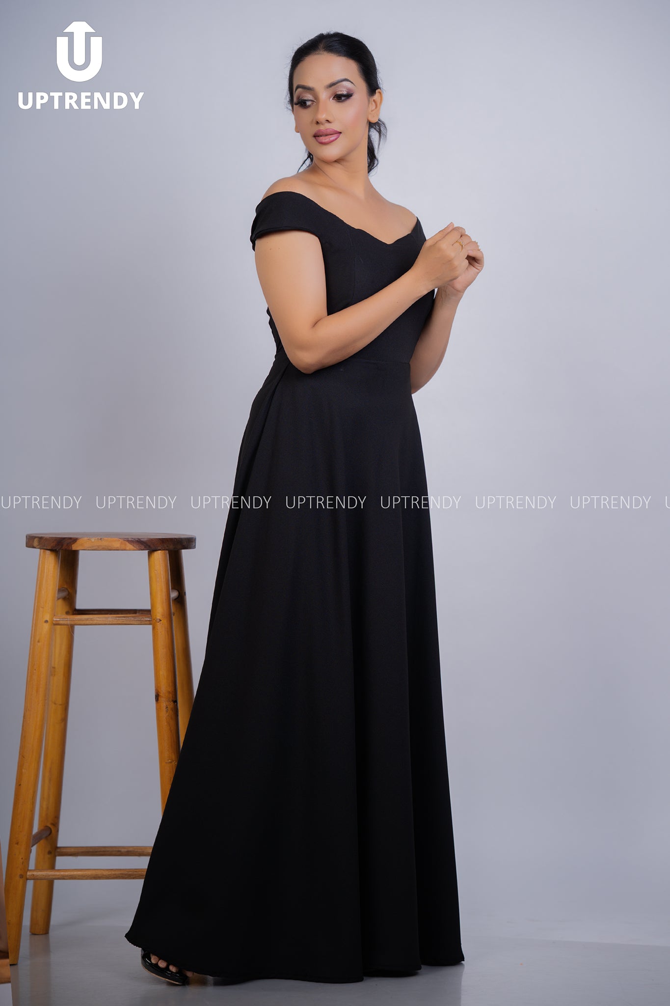 The Classic Off-Shoulder Flared Evening Maxi