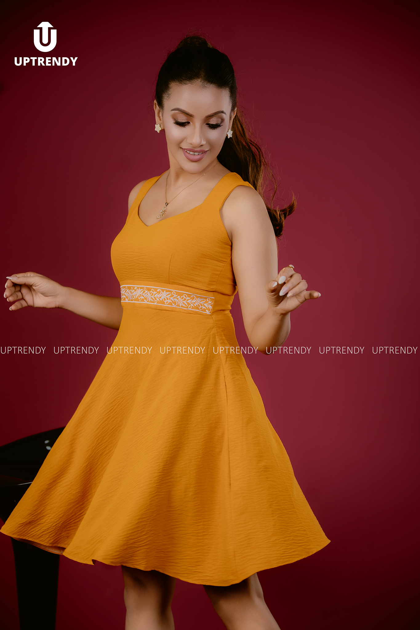 EMBROIDERED WAIST FIT & FLARE DRESS