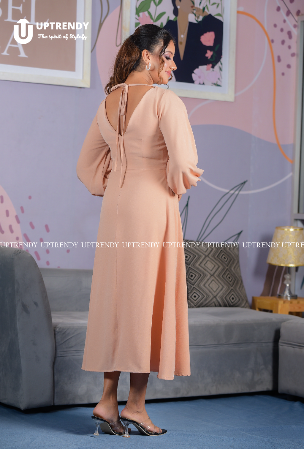The Puff-Sleeve Tie-Back Midi Dress